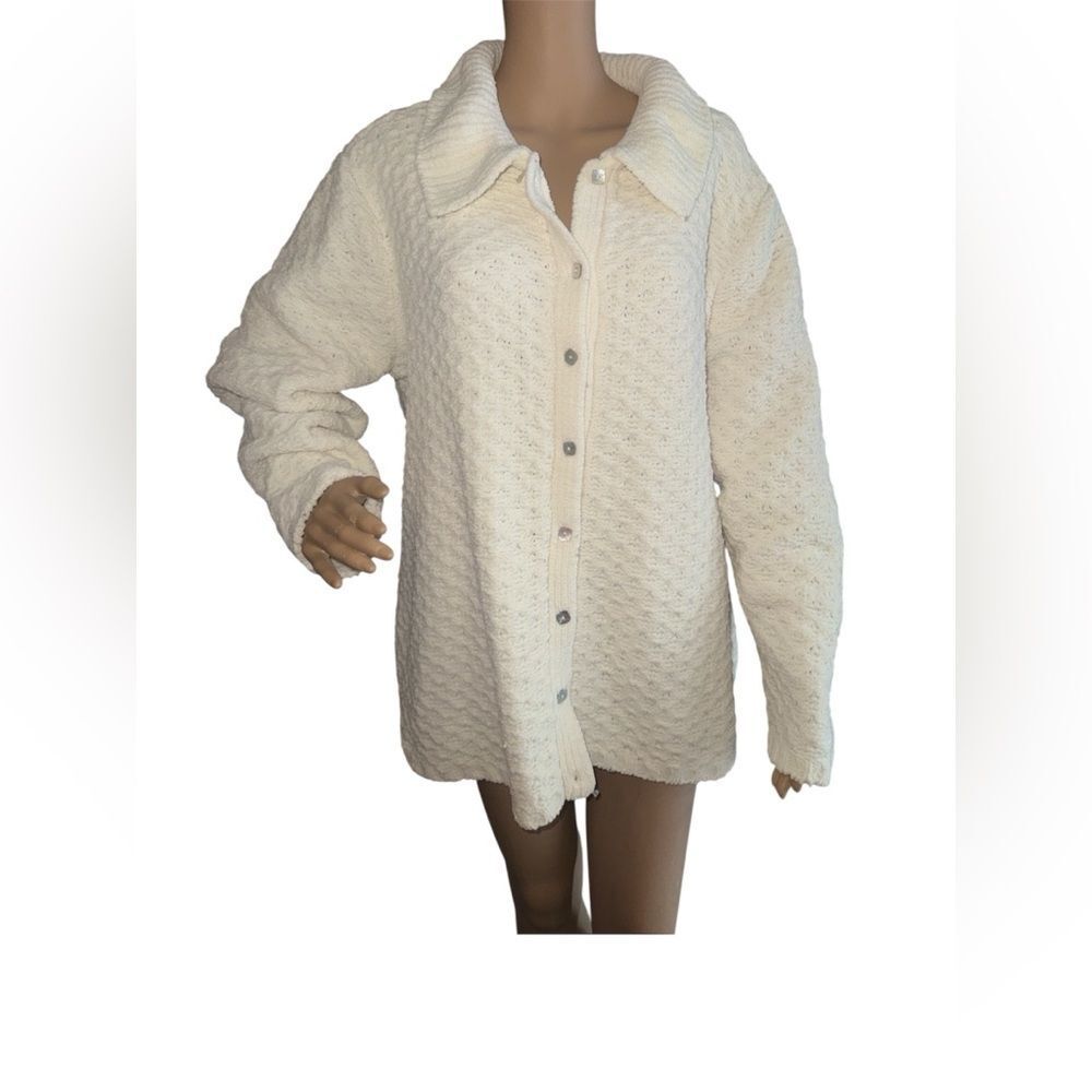Denim&Co Cream Textured Jacket Sweater Botton up Soft cozy